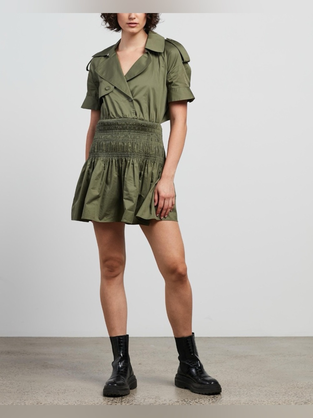 Self-Portrait Smocked Cotton Trench Mini Dress - Khaki Green - Size 4